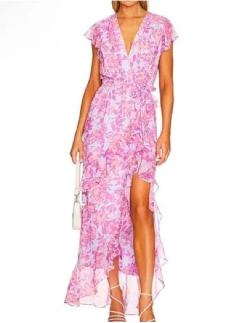 Amanda Uprichard Pink Floral Ruffle High-Low Wrap Dress